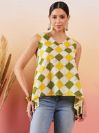 InWeave Yellow Green Geometric Print Kantha V Neck W/S Top