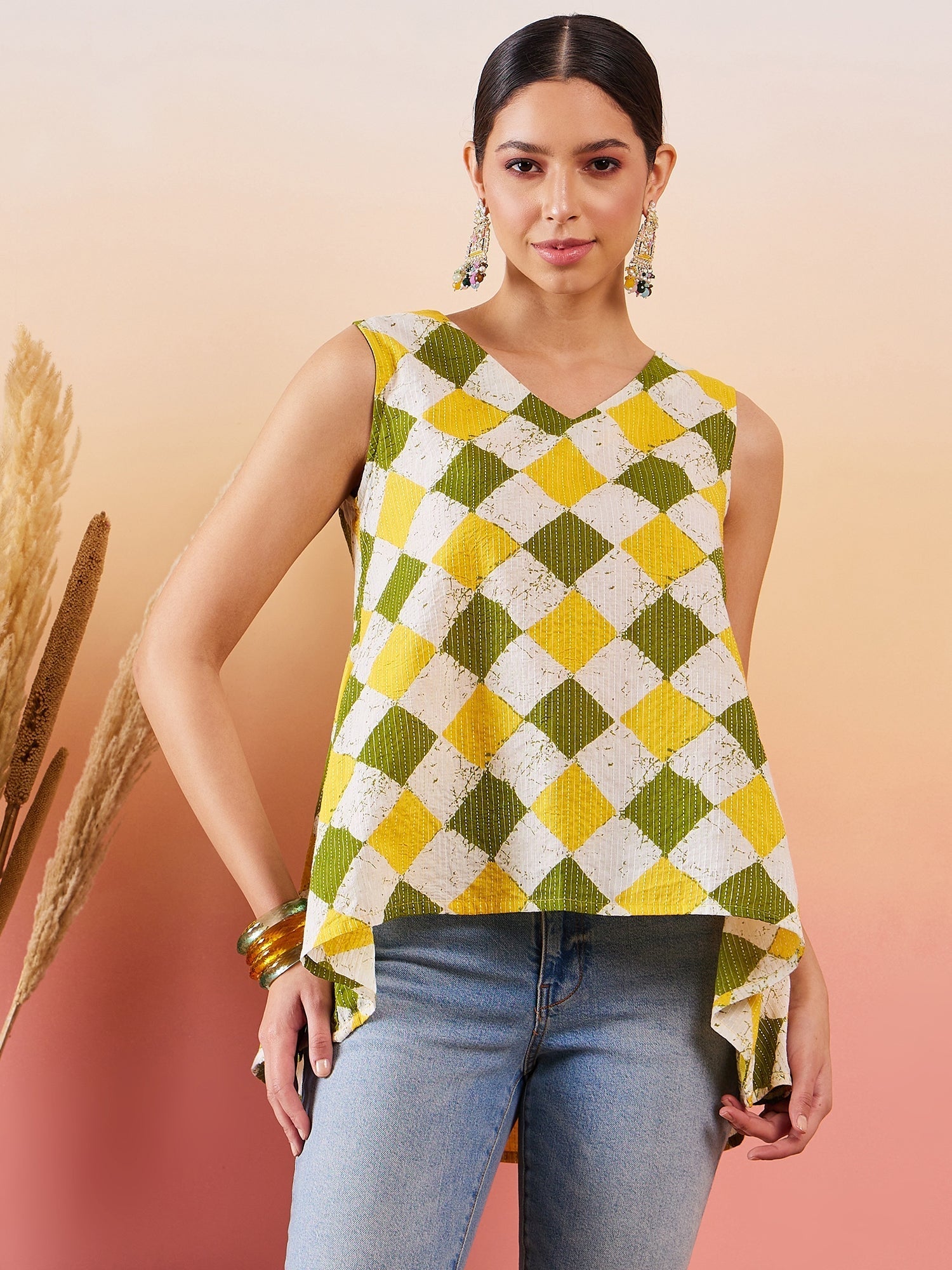 InWeave Yellow Green Geometric Print Kantha V Neck W/S Top