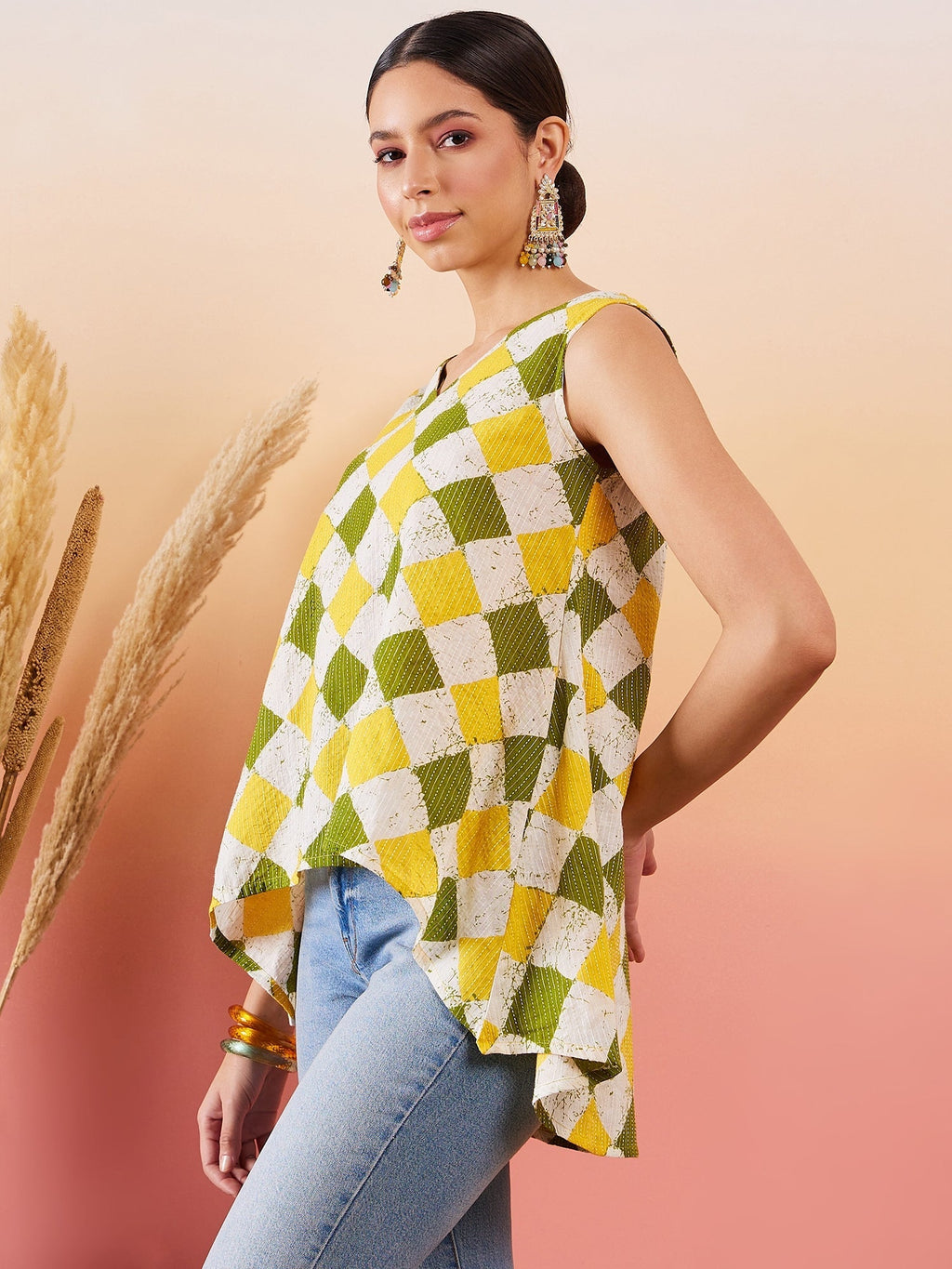 InWeave Yellow Green Geometric Print Kantha V Neck W/S Top