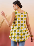 InWeave Yellow Green Geometric Print Kantha V Neck W/S Top