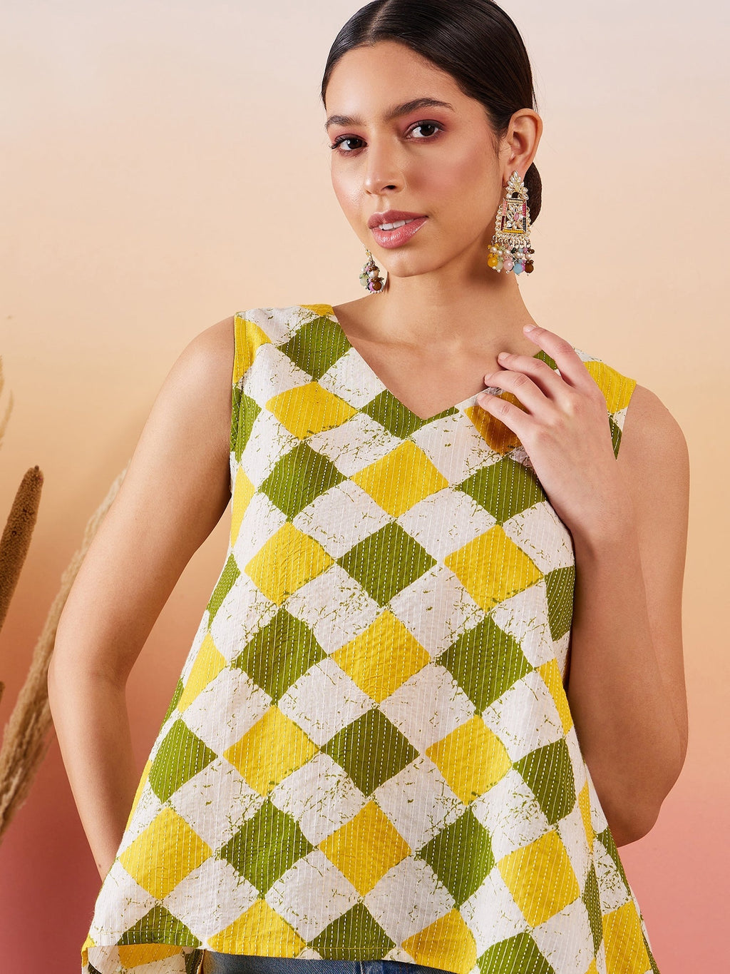 InWeave Yellow Green Geometric Print Kantha V Neck W/S Top