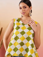 InWeave Yellow Green Geometric Print Kantha V Neck W/S Top