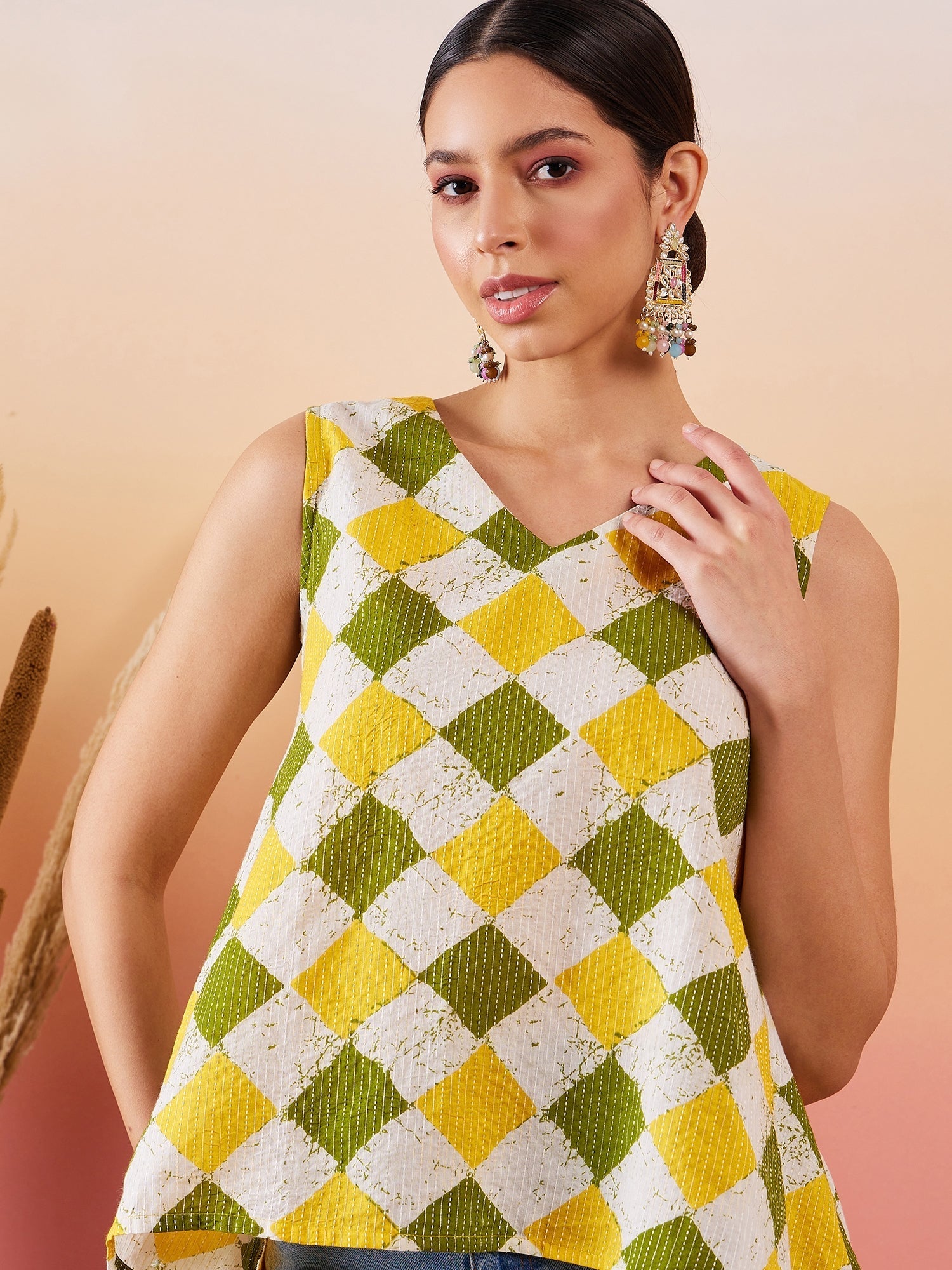 InWeave Yellow Green Geometric Print Kantha V Neck W/S Top