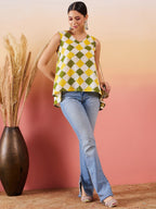 InWeave Yellow Green Geometric Print Kantha V Neck W/S Top