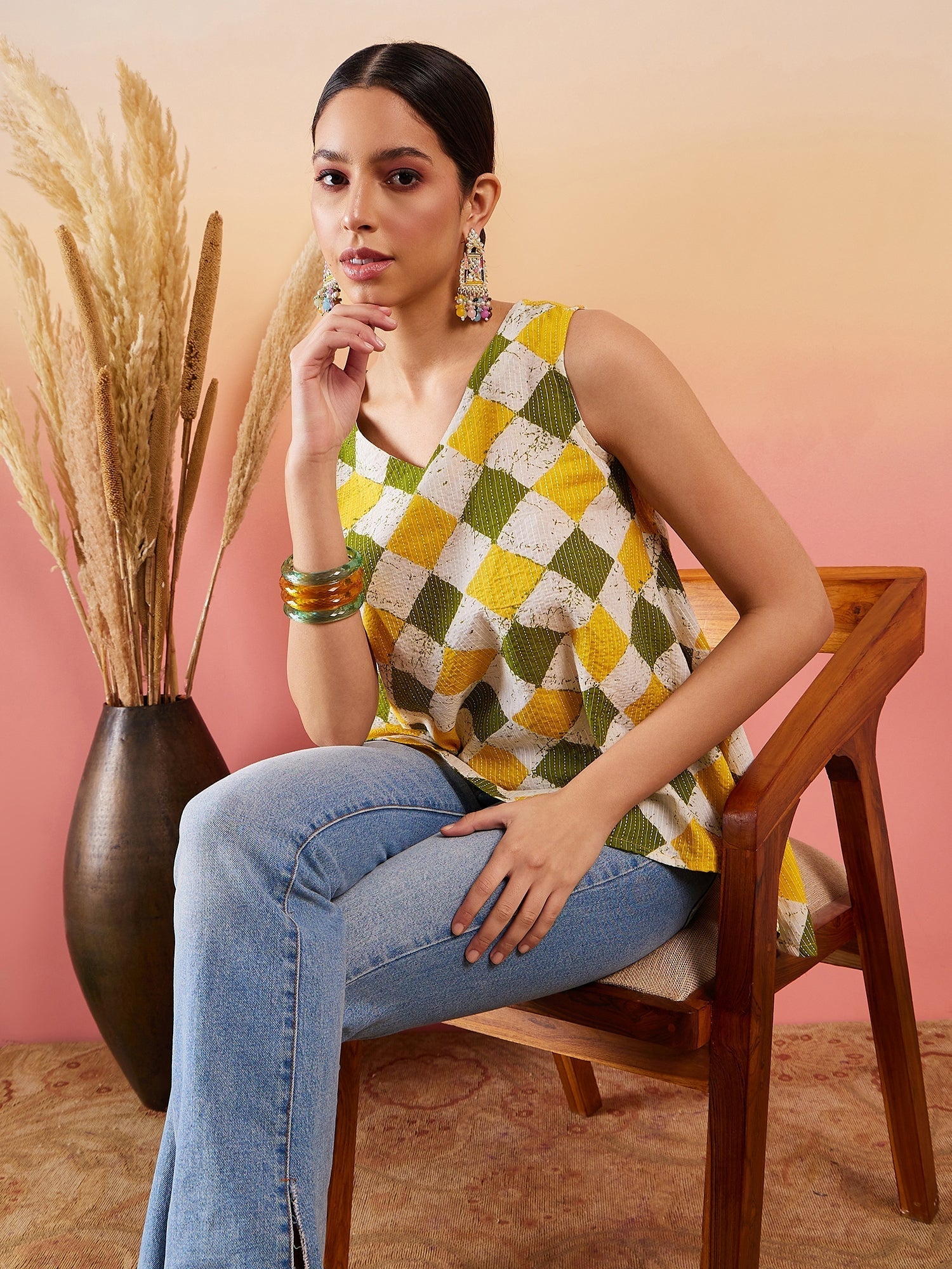 InWeave Yellow Green Geometric Print Kantha V Neck W/S Top