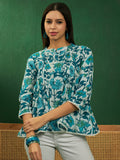 InWeave White Sea Blue Floral Print Front Pintex Lace Top
