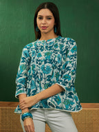 InWeave White Sea Blue Floral Print Front Pintex Lace Top