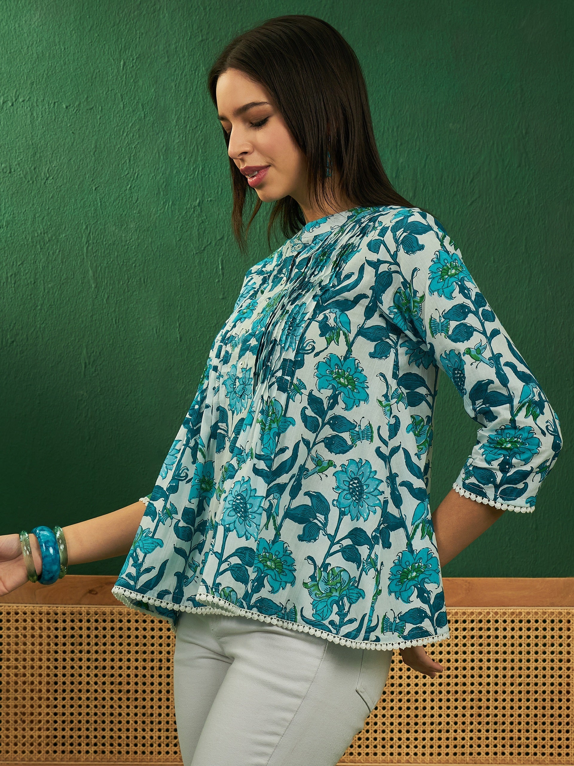 InWeave White Sea Blue Floral Print Front Pintex Lace Top