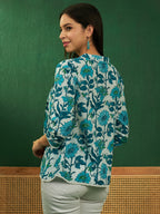 InWeave White Sea Blue Floral Print Front Pintex Lace Top