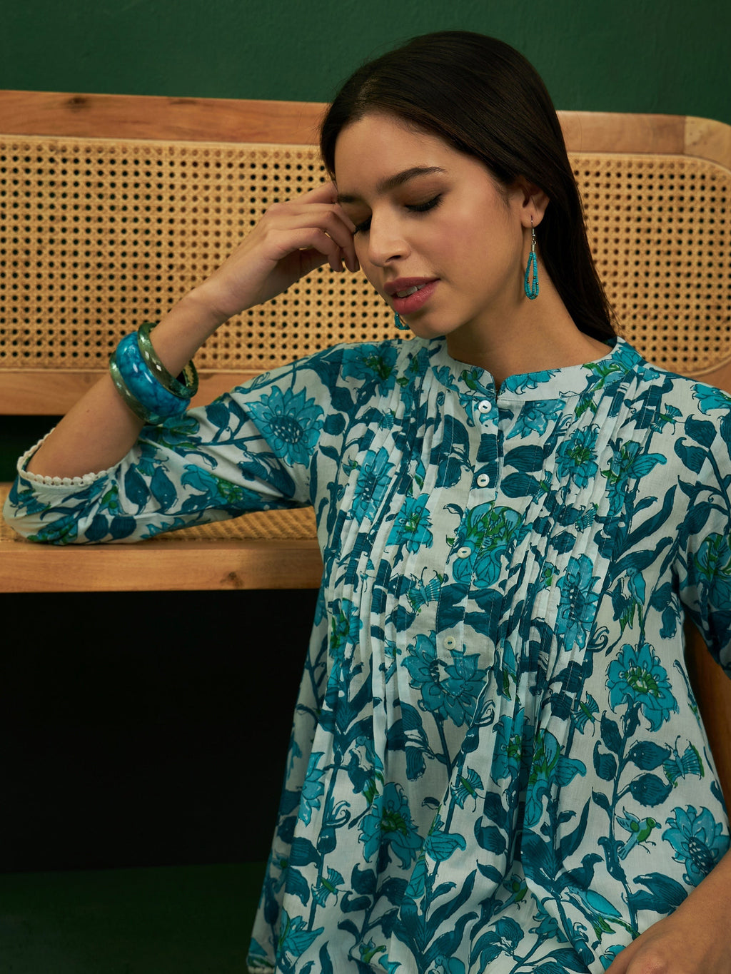 InWeave White Sea Blue Floral Print Front Pintex Lace Top
