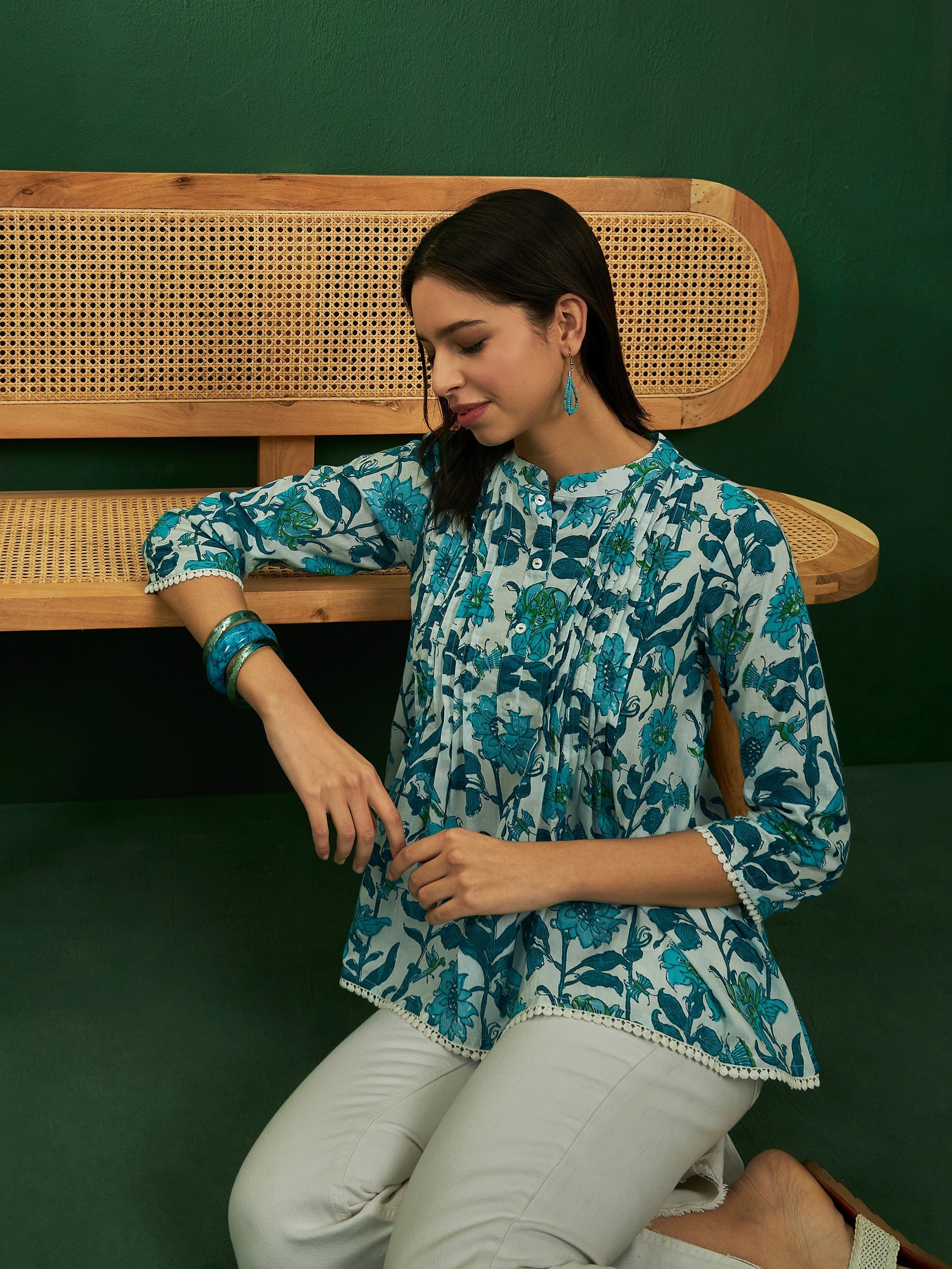 InWeave White Sea Blue Floral Print Front Pintex Lace Top