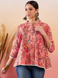 InWeave Peach Floral Print Front Pintex Lace Top