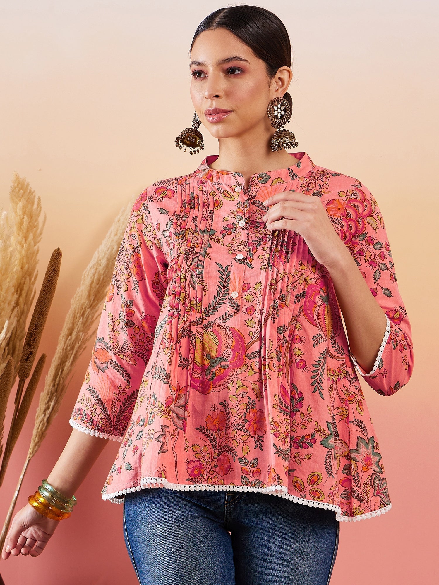 InWeave Peach Floral Print Front Pintex Lace Top