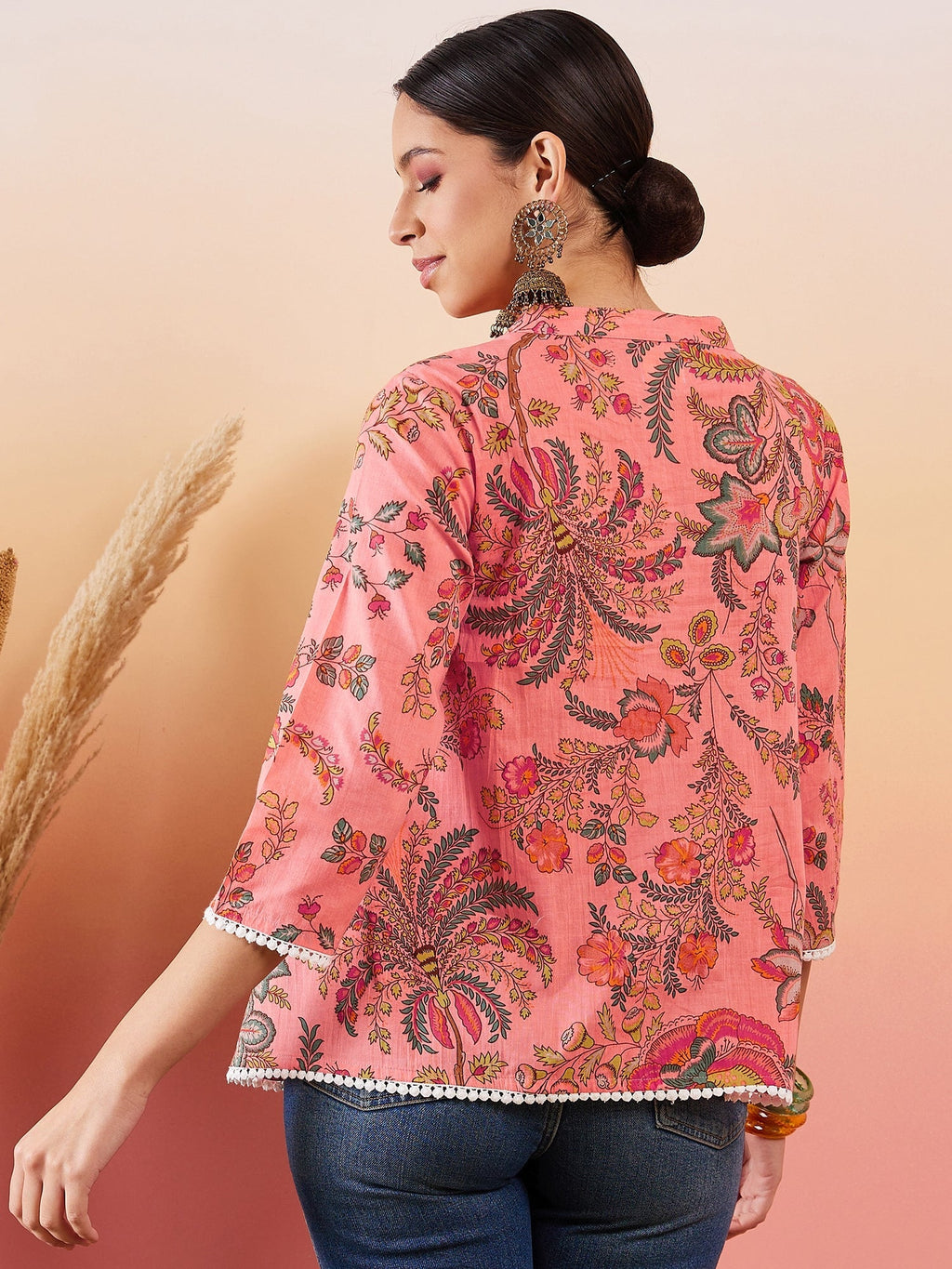 InWeave Peach Floral Print Front Pintex Lace Top