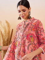 InWeave Peach Floral Print Front Pintex Lace Top