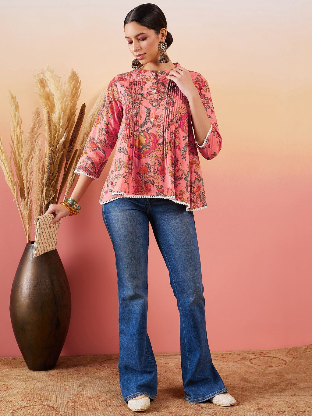 InWeave Peach Floral Print Front Pintex Lace Top