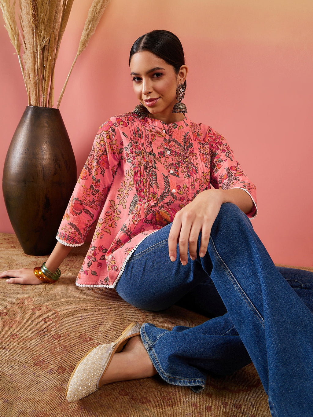 InWeave Peach Floral Print Front Pintex Lace Top