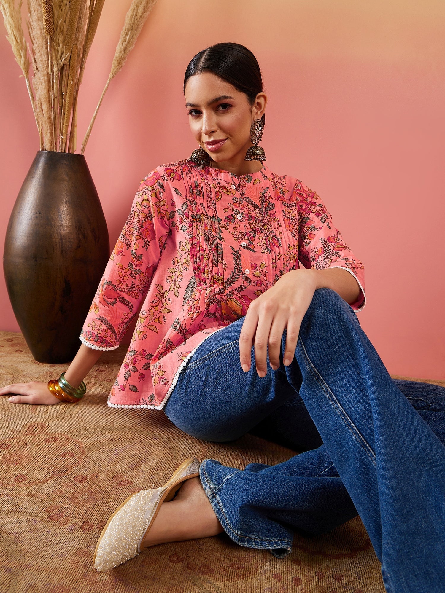 InWeave Peach Floral Print Front Pintex Lace Top