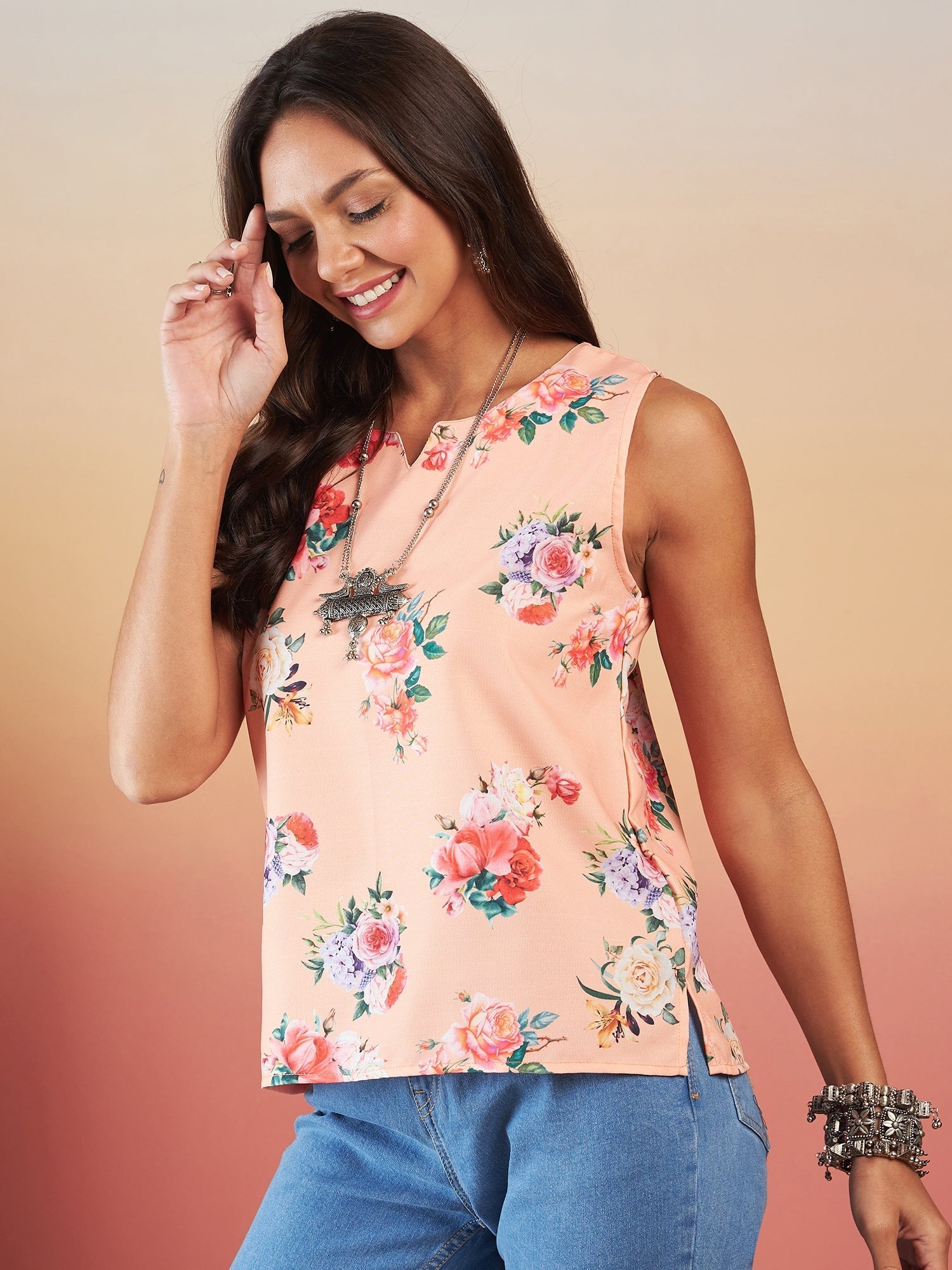 InWeave Peach Rose Print W/S Top