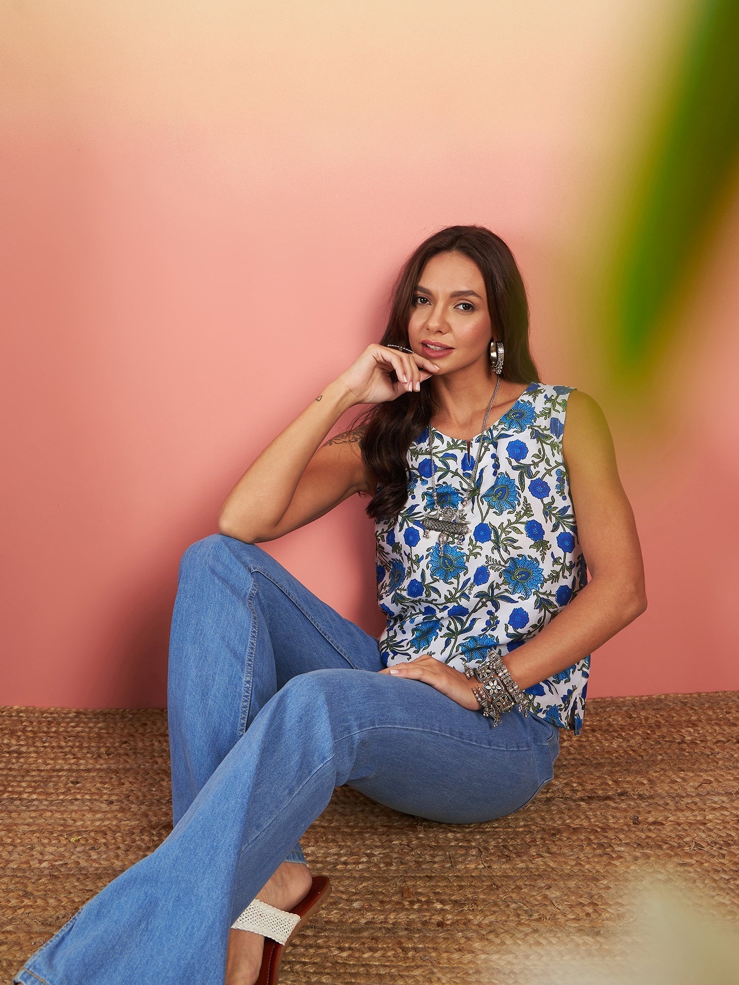 InWeave White Blue Floral Jaal Print W/S Top