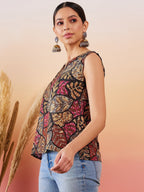 InWeave Black Grey Leaf Print Foil W/S Top