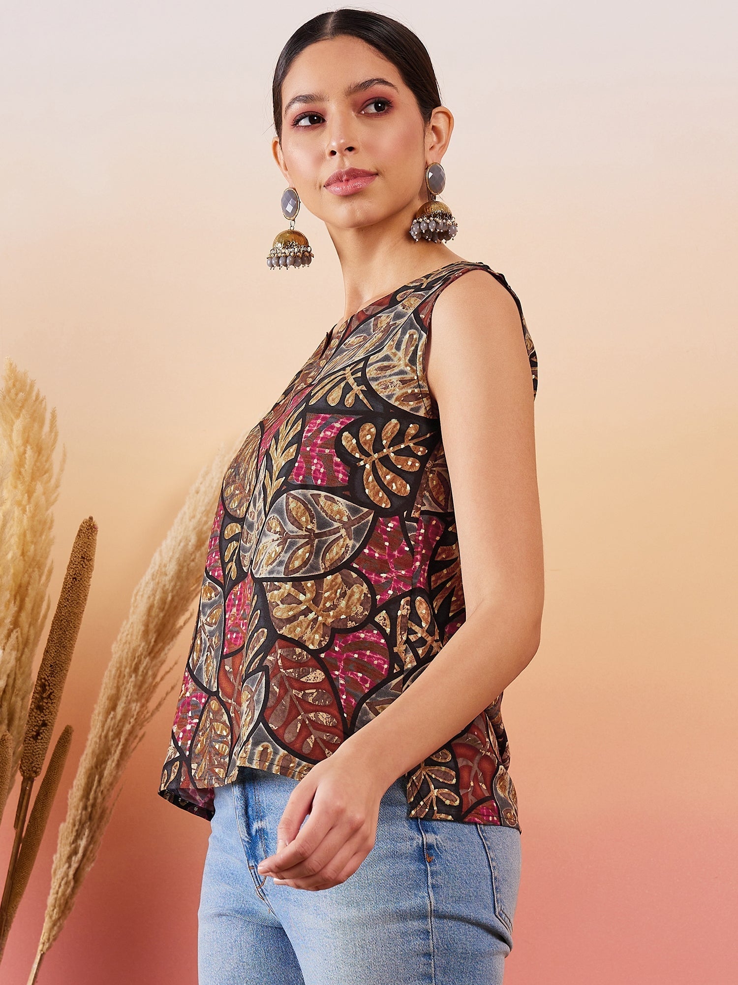 InWeave Black Grey Leaf Print Foil W/S Top