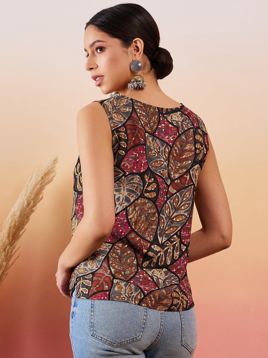 InWeave Black Grey Leaf Print Foil W/S Top