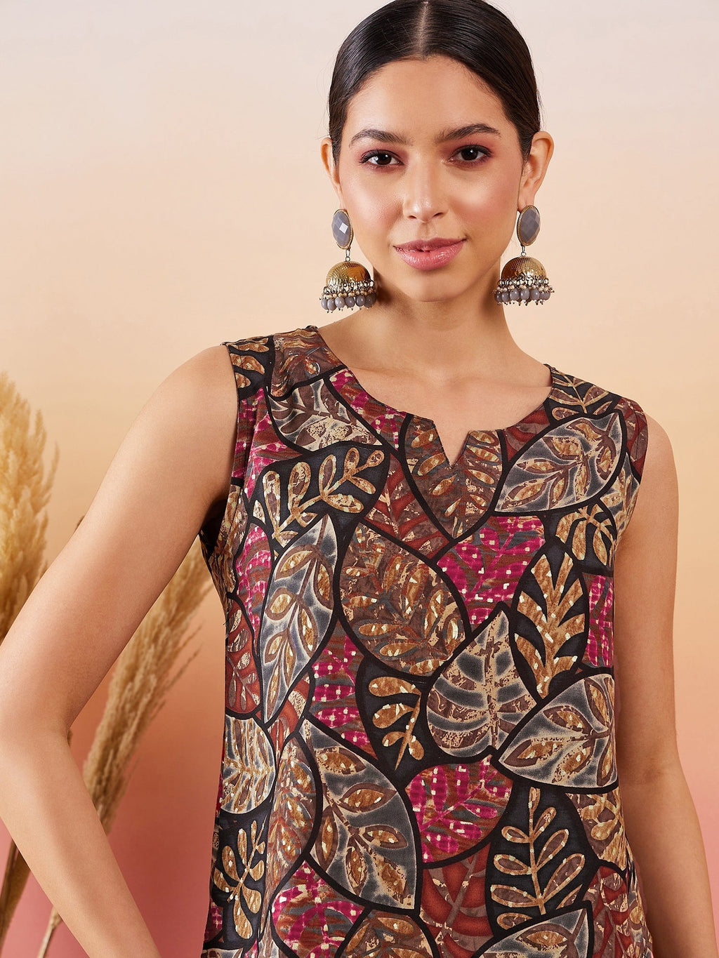 InWeave Black Grey Leaf Print Foil W/S Top
