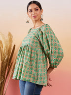 InWeave Cool Green Kantha Print Cold Shoulder Top