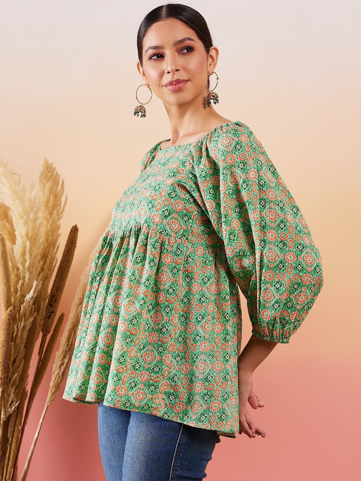 InWeave Cool Green Kantha Print Cold Shoulder Top
