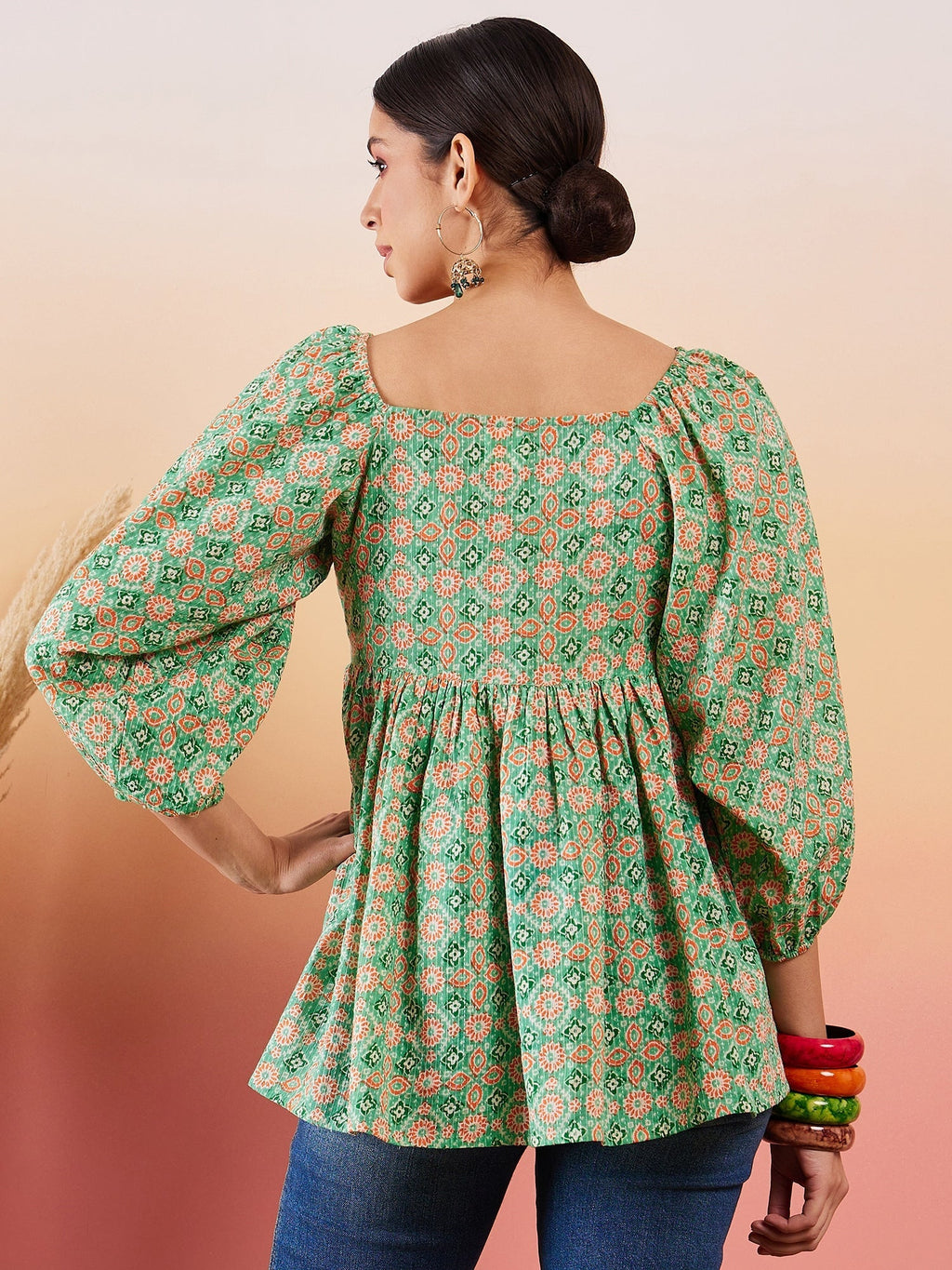 InWeave Cool Green Kantha Print Cold Shoulder Top