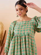 InWeave Cool Green Kantha Print Cold Shoulder Top