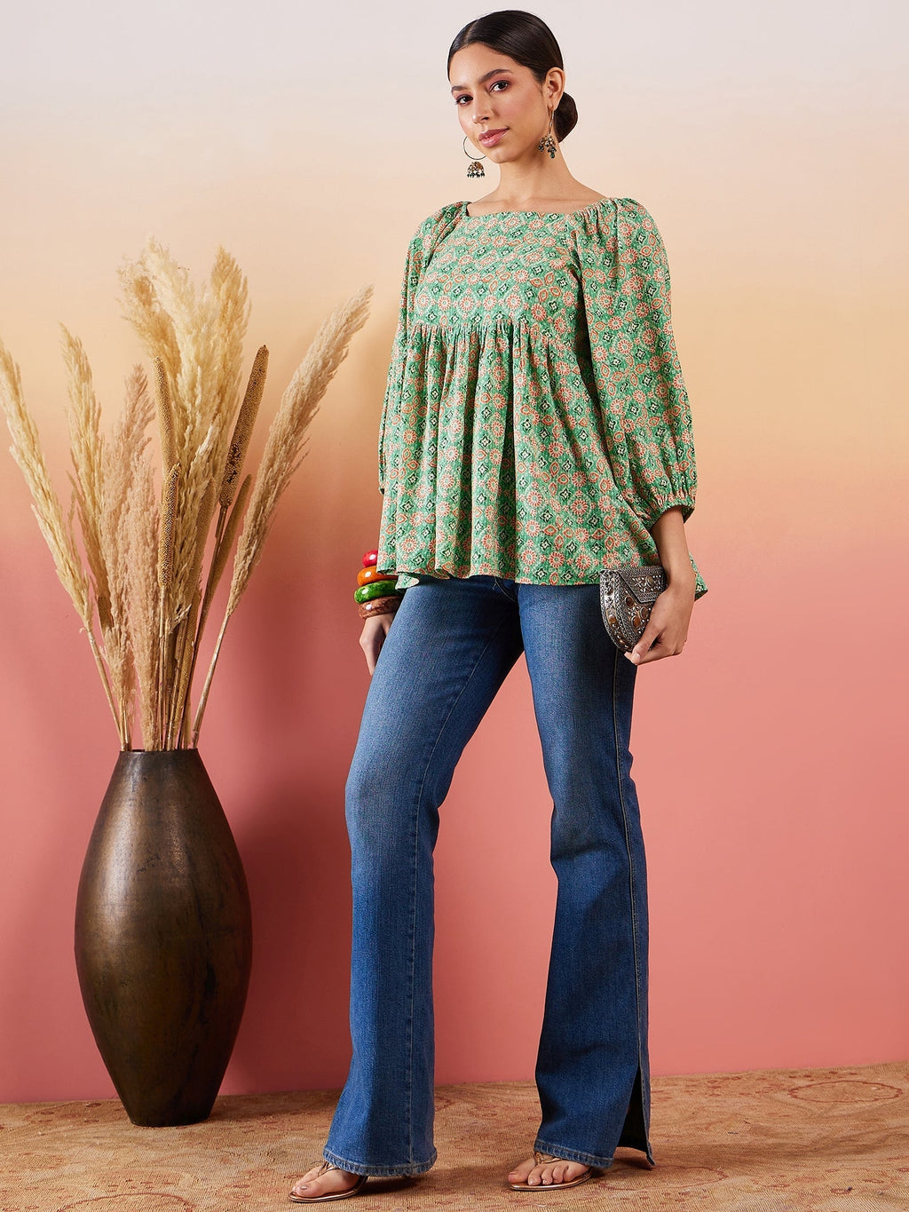 InWeave Cool Green Kantha Print Cold Shoulder Top