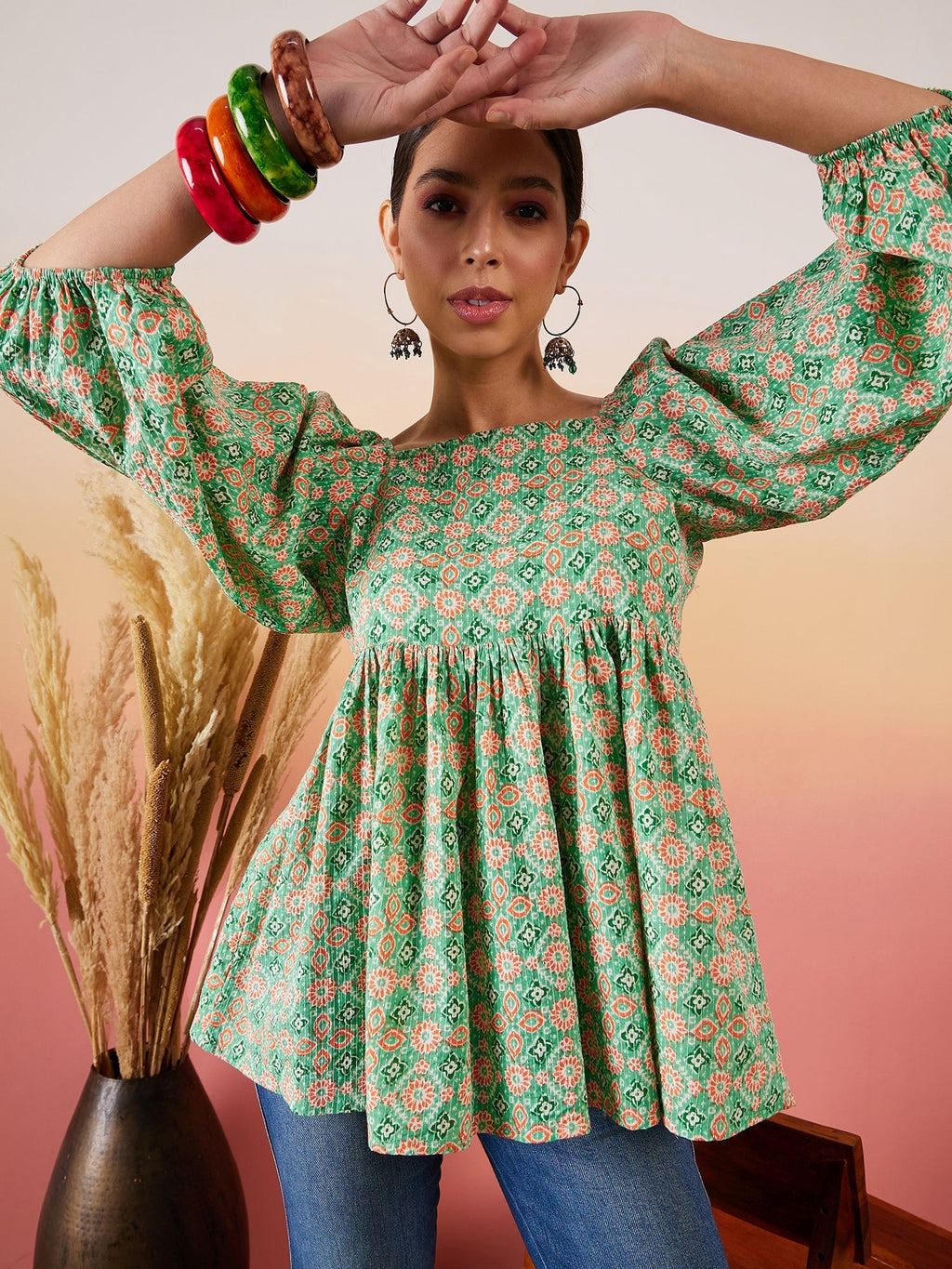 InWeave Cool Green Kantha Print Cold Shoulder Top