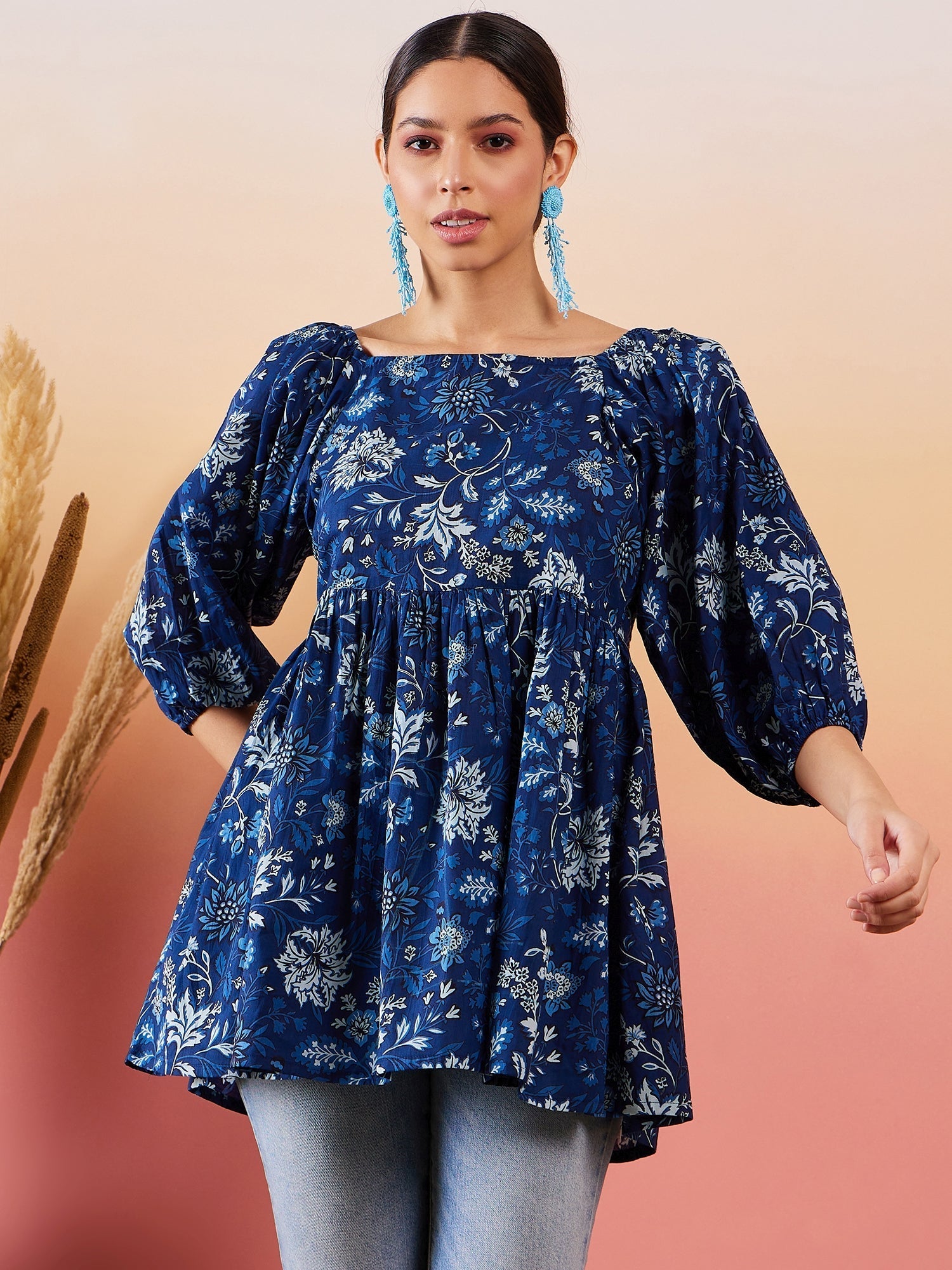 InWeave Indigo Floral Print Cold Shoulder Top