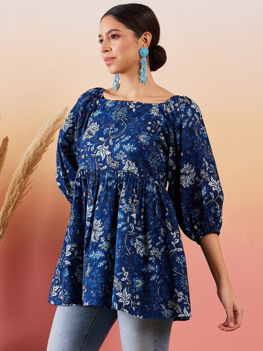 InWeave Indigo Floral Print Cold Shoulder Top