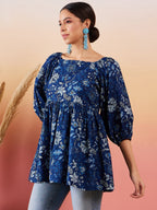 InWeave Indigo Floral Print Cold Shoulder Top