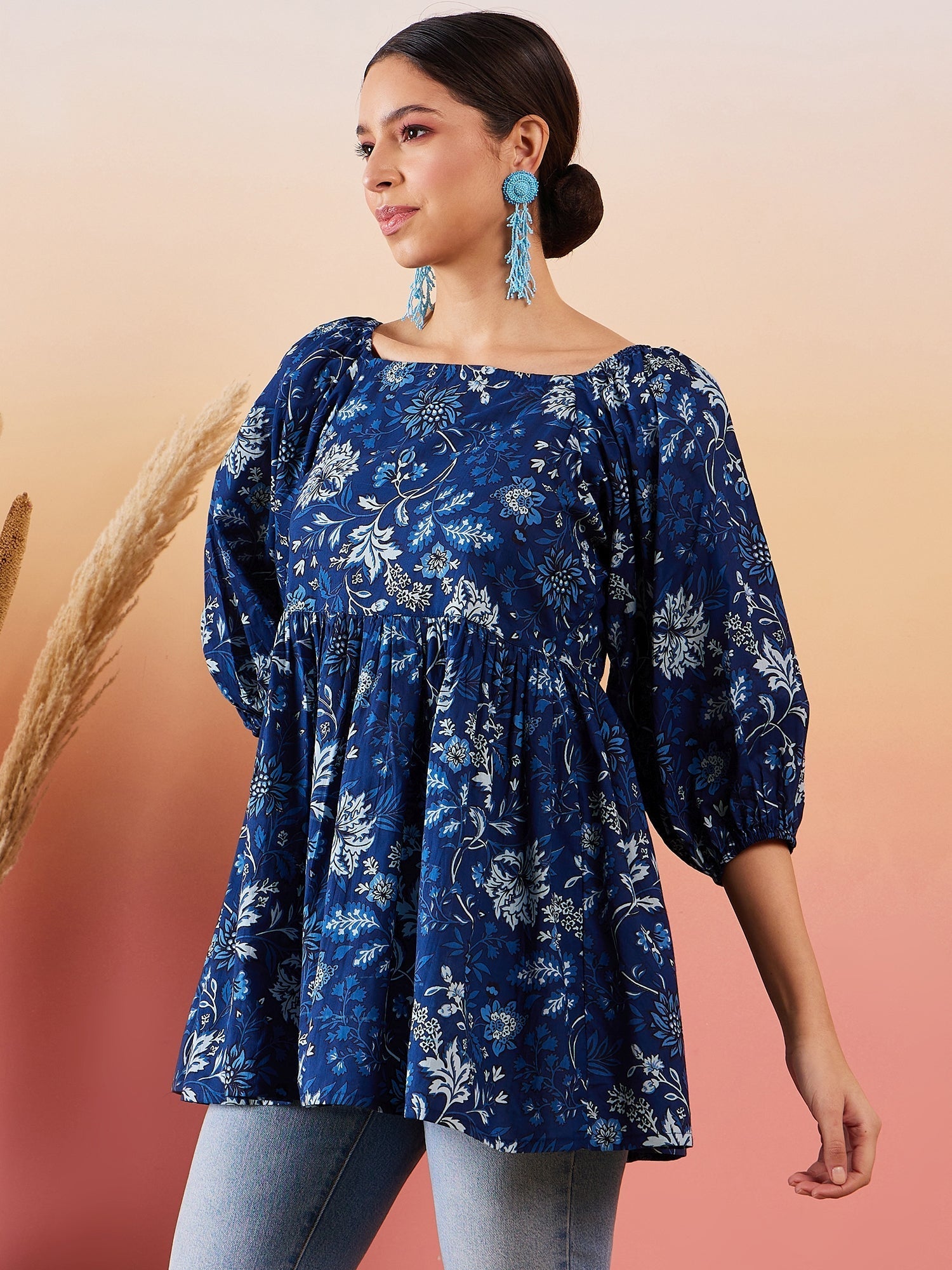 InWeave Indigo Floral Print Cold Shoulder Top