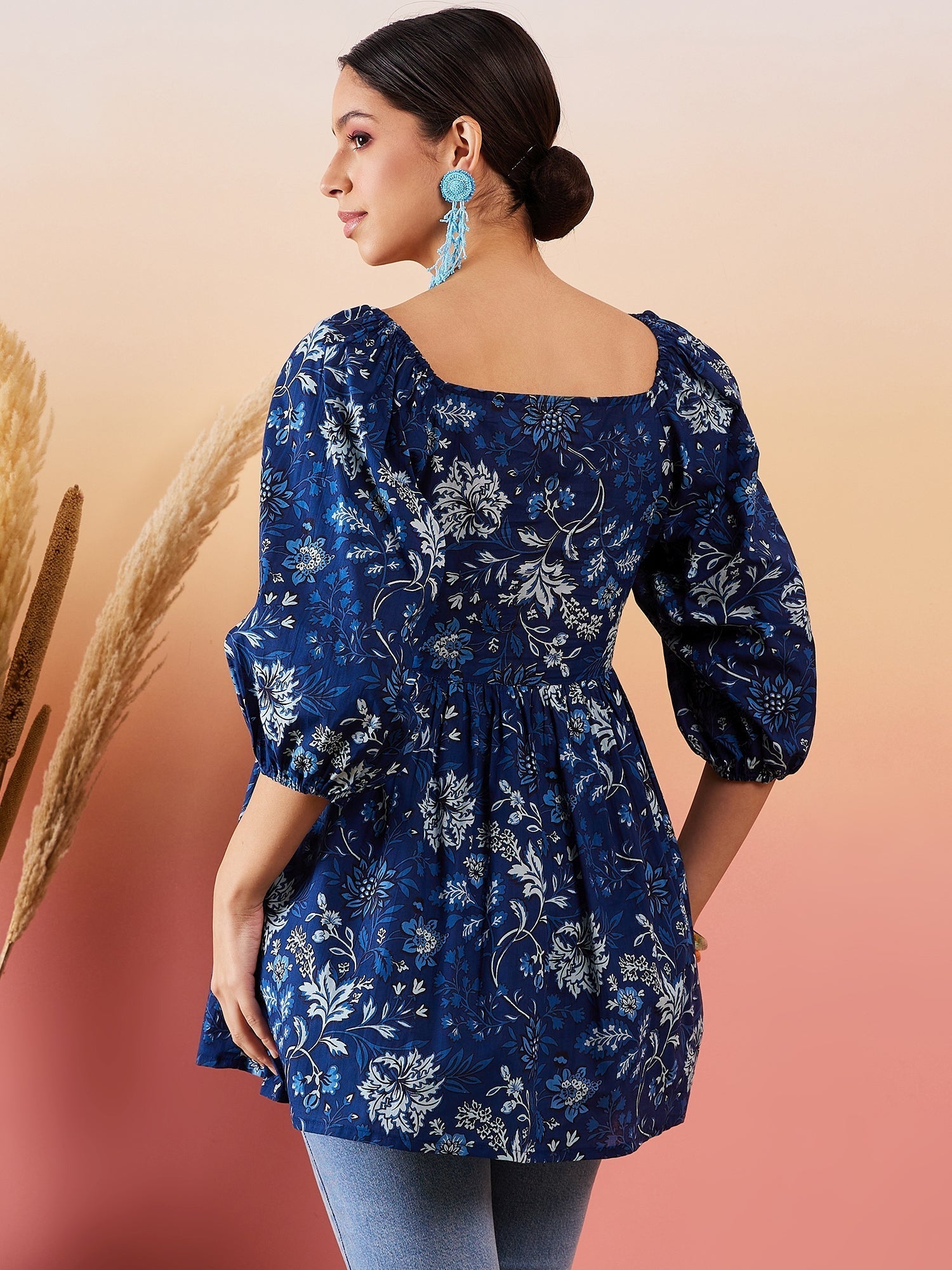 InWeave Indigo Floral Print Cold Shoulder Top