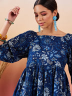InWeave Indigo Floral Print Cold Shoulder Top