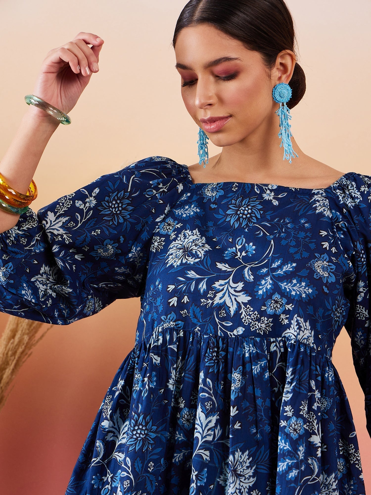 InWeave Indigo Floral Print Cold Shoulder Top