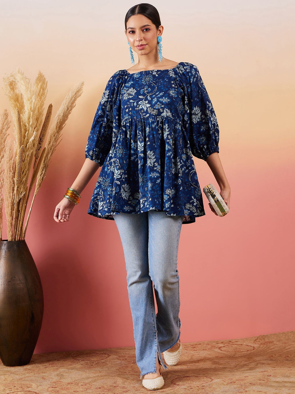 InWeave Indigo Floral Print Cold Shoulder Top