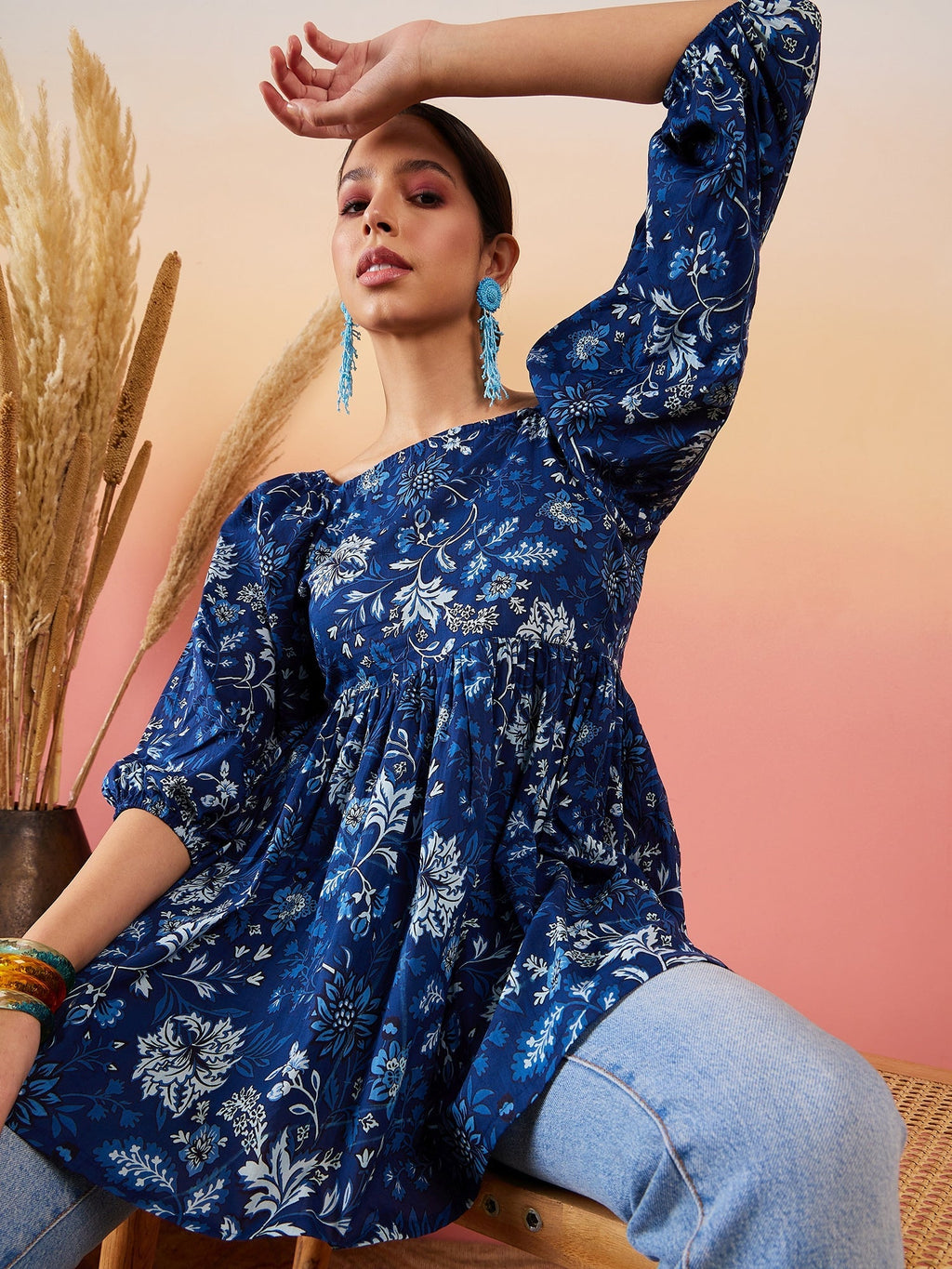 InWeave Indigo Floral Print Cold Shoulder Top