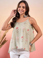 InWeave Tea Green Floral Strappe Flare Top