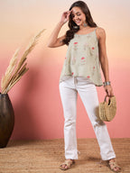 InWeave Tea Green Floral Strappe Flare Top