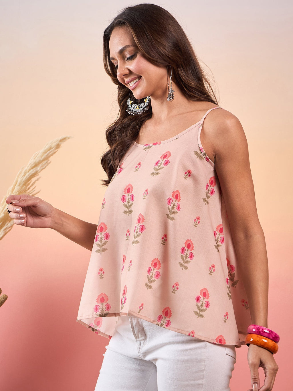InWeave Light Peach Floral Strappe Flare Top