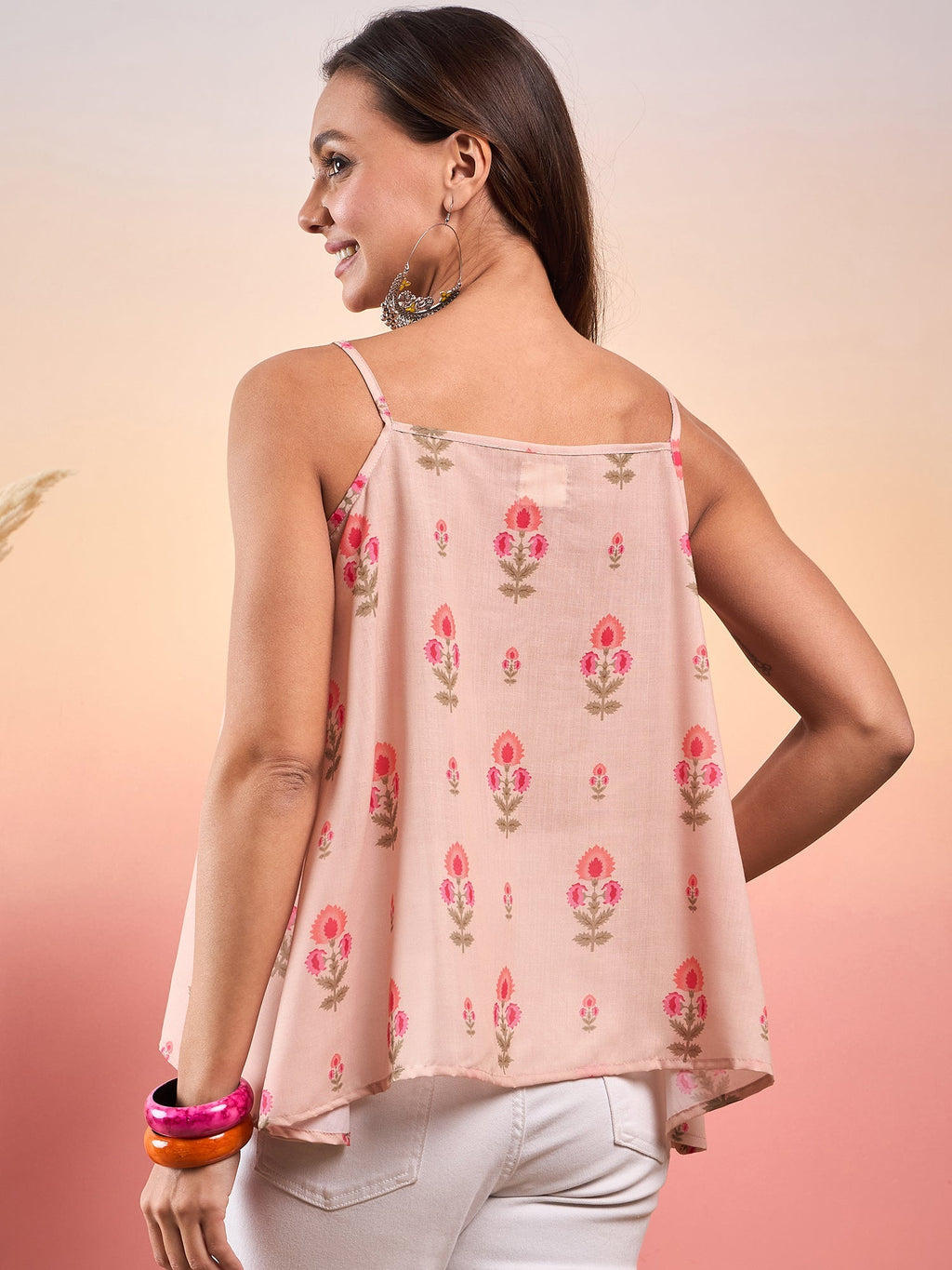 InWeave Light Peach Floral Strappe Flare Top