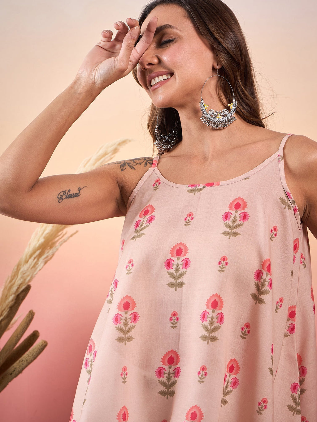InWeave Light Peach Floral Strappe Flare Top