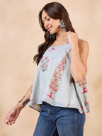 InWeave Stone Green Big Leaf Magenta Strappe Flare Top