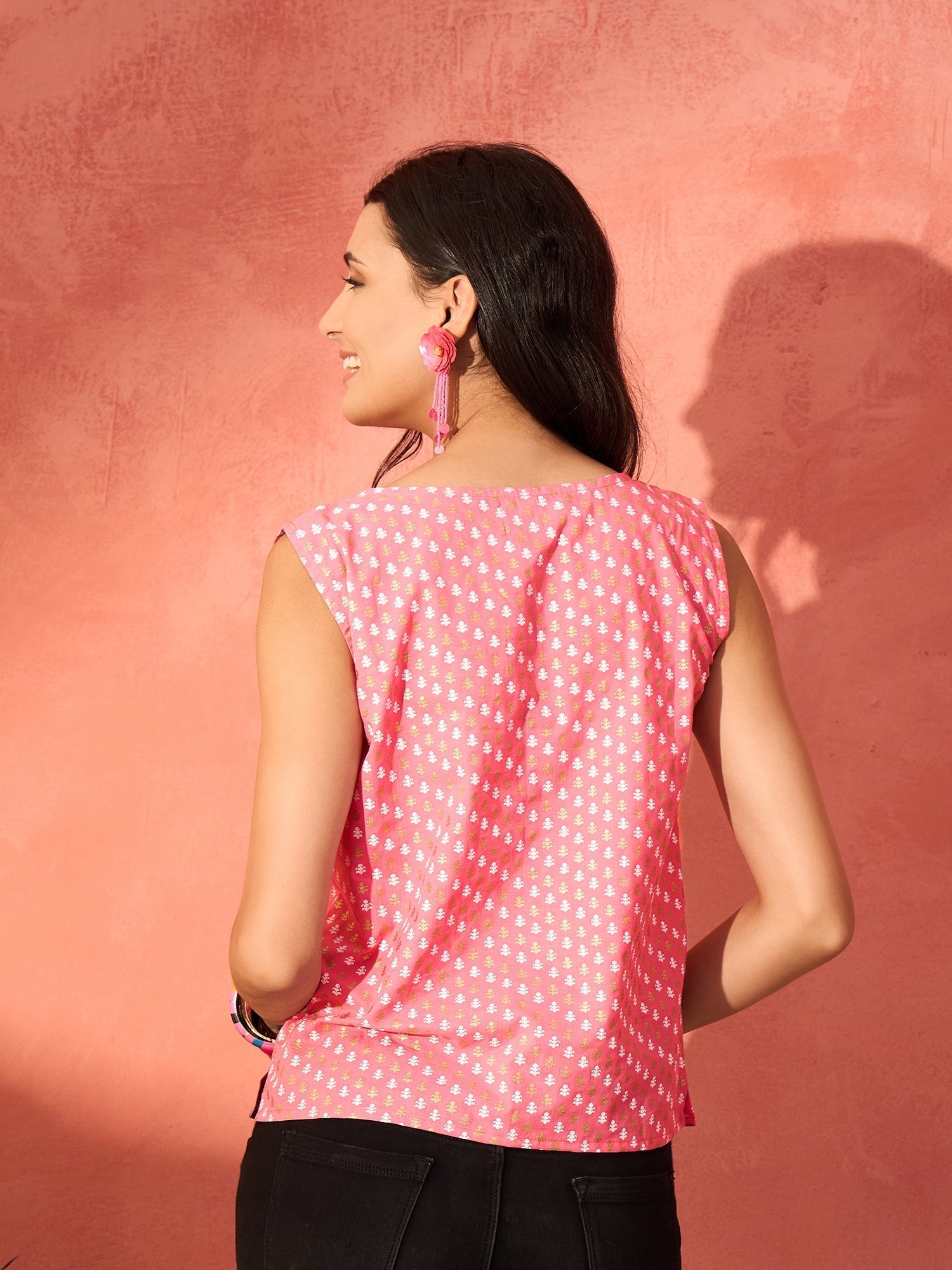 InWeave Pink White Gold Dot Print W/S Top